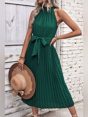 Perfee Tie Belt Pleated Midi Dress
